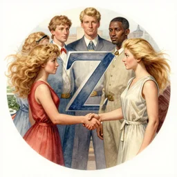 the circle complete, greek symbol zeta, diversity team, blonde hairs flying, european, handshake, highly detailed, digital painting, watercolor, soviet realism, engraving, artstation, concept art, smooth, sharp focus, vivid grunge, manga, illustration, unreal engine 5, 8 k, art by bilibin and kuvshinov and malevich and mucha