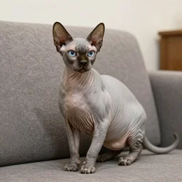 lifelike photo of a sphynx cat on a couch