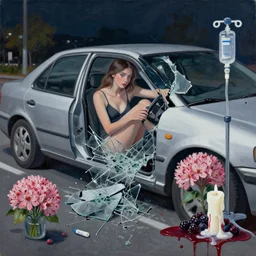 “ a portrait of a young woman, car crash in a silver car, night, a streetscape, broken glass, sensual, silver car parts, anaesthetic, art supplies, surgical iv drip, ikebana, a candle dripping white wax, berry juice drips, acrylic and spray paint and oilstick on canvas, surrealism, neoexpressionism ”