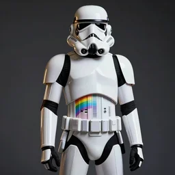 fashion shoot of a rainbow stormtrooper, sexy vogue, studio lighting, extremely high quality photograph, lots of detail, rim lighting, groundbreaking, evocative, fashionable