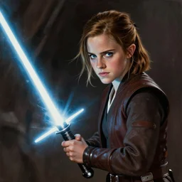 a beautiful painting of Emma Watson fighting Luke Skywalker with a lightsaber, realistic Star Wars still