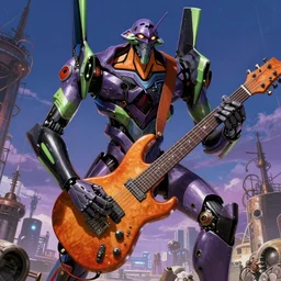 movie poster of < 3 d huge mecha > with a < full mechanical guitar >, in the style of < neon genesis evangelion >, 3 d anime, arcane style, retropunk, steampunk, high resolution, 4 k, retrofuturism, by ghibli and < simon stalenhag >