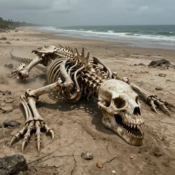 skeleton of a colossal ancient beast laying in a dried ocean, by Andreas Rocha + Ted Nasmith, dark, epic, masterpiece, highly detailed, 8k resolution, trending on art station