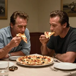 movie scene of two arnold schwarzenegger eating a pizza in the dining at midnight.