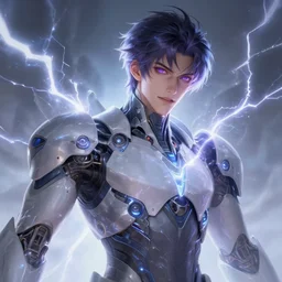 portrait of handsome guy in cyber armor, dreamy and ethereal, expressive pose, purple eyes, exciting expression, fantasy, intricate, elegant, many lightning, cold color, highly detailed, digital painting, artstation, concept art, cyberpunk wearing, smooth, sharp focus, led, illustration.