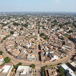 High-quality aerial photography of an old circular West African city made of mud bricks, a river crosses the city, Timbuktu, Canon TS-E 17mm, National Geographic