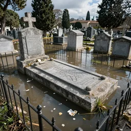 the mixed mediart shows a grave that has been flooded with water. the grave is located in a cemetery in italy. the water in the grave is dirty and there is trash floating in it. the grave is surrounded by a fence. cenozoic by richard scarry, by keith negley defined