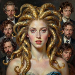 hyper realistic painting portrait of medusa by stjepan sejic, norman rockwell, michael hussar, roberto ferri and ruan jia, john william waterhouse, godward, david kassan