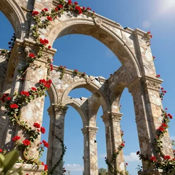 broken arches leading to the pillars of eternity draped with red flowers and vines, blue sky, lens flare, ultra detailed, intricate, sharp focus, 8K, hard edges, illustration by Sachin Teng, trending on artstation