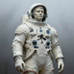 russian brutalist statue of yuri gagarin in his spacesuit, fog, volumetric lighting, intricate, elegant, highly detailed, digital painting, artstation, concept art, smooth, sharp focus, art nouveau, art by raymond swanland and john berkey