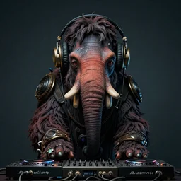 a symmetrical matte portrait of a great mf doom woolly mammoth dj with large headphones, dark, brooding, painted, cyberpunk synthwave, steampunk. in the style of howls moving castle, well composed, best on artstation, epic, stunning, gorgeous, intricate details, wow, masterpiece