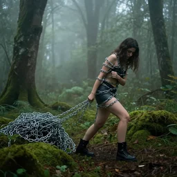 a woman wrapped in chains, dragging a pile of chains, in a foggy mossy forest, by Omar Z. Robles, CANON Eos C300, ƒ1.8, 35mm, 8K, medium-format print