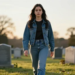 a young girl from the 9 0 s who looks like jennifer connelly wearing jean pants and jean jacket with a black shirt, long black hair, walking along a cemetery, sun setting, photo - realistic, hyper realism, detailed, sharp, clean, beauty, photographic award winning, trending