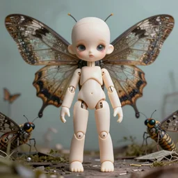 portrait of a beautiful jointed art doll, super dollfie, bjd, biopunk, solarpunk, dystopian, abandoned, giant moths, surreal, simon stalenhag, fashion magazine, vogue, harper's bazaar art, id magazine, intricate, 8 k render in octane, sharp focus, machinarium