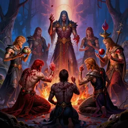 tweakers addicts group cadre coven coterie performing ritual blood magick greg rutkowski artstation vivid color hdr male