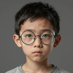 portrait of a small, skinny 1 7 - year - old boy with a thin face, black hair, green eyes. wears round glasses held together with tape, thin scar on his forehead, hyper realistic face, beautiful eyes, character art, art by mark brooks, hyperdetailed, cryengine, trending on artstation, digital art