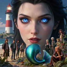 highly detailed vfx photo of a beautiful vampire mermaid, intense hypnotic and mesmerizing eyes, lighthouse in the background, beach environment, three - dimensional rendering, unreal engine, alexey gurylev, greg rutkowski, loish, rads, beeple, makoto shinkai and lois van baerle, rossdraws, tom bagshaw, alphonse mucha, global lighting, detailed and complex environment