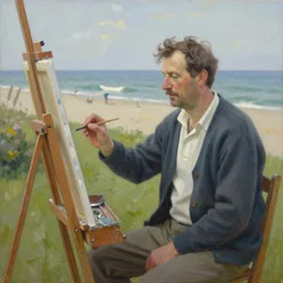 painting of a middle aged man wearing a cardigan sitting at a painting easel in his beachside backyard by antoine blanchard