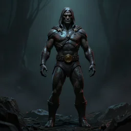 He-Man with a dark manner, centered fullest body character pose, uncut, atmospheric, dark, mysterious, shadowy, eerie, ominous, cinematic, colored, ZBrush, rendered by Marcus Whinney