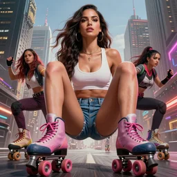 gorgeous!! hyper - realistic giant woman resembling ana de armas as bulma + felicia from darkstalkers on roller skates destroying a city | drawn by artgerm, drawn by wlop, drawn by jeehyung lee | intricate, high detail, ultra graphics, photorealistic, symmetrical, cinematic, smooth, sharp focus