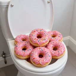 photo of toilet filled with pink-frosted donuts and colorful sprinkles, 50mm, beautiful photo