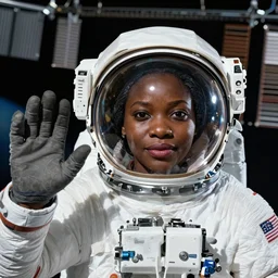 “dark skinned astronaut wearing translucent helmet waving at the international space station nigerian woman facial features”