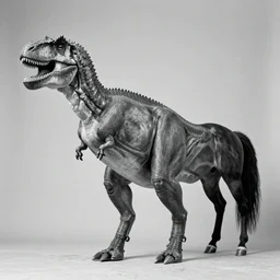 t rex and a horse wearing high heels. anamorphic strange black and white photograph, 1 8 5 0 s