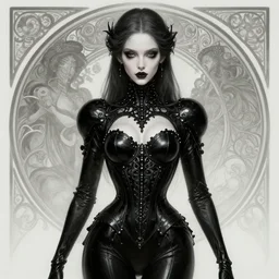 beautiful pale gothic girl in black latex intricate, symmetrical front, elegant, highly detailed, digital painting, artstation, concept art, smooth, sharp focus, illustration, art by artgerm and greg rutkowski and alphonse mucha