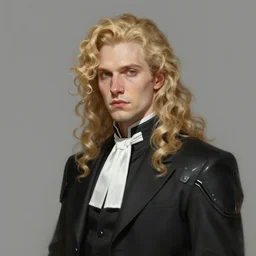 Portrait of an androgynous man by Greg Rutkowski, he is about 30 years old, mixture between russian and irish, long fluffy blond curly hair, attractive, extremely pale white skin, smart looking, he is wearing a black futuristic lawyer outfit, highly detailed portrait, scifi, digital painting, artstation, concept art, smooth, sharp foccus ilustration, Artstation HQ