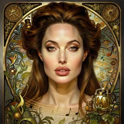 portrait of angelina jolie, volumetric lights, feast, music notes, art nouveau botanicals, gothic, intricate, highly detailed, digital painting, artstation, concept art, smooth, sharp focus, symmetric face, illustration, steampunk, art by artgerm and greg rutkowski and alphonse mucha