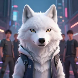 a beautiful portrait of a cute male anthropomorph white wolf wearing in cyberpunk city. character design by cory loftis, fenghua zhong, ryohei hase, ismail inceoglu and ruan jia. artstation, volumetric light, detailed, photorealistic, rendered in octane