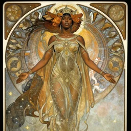 black african princess, cosmic, heavenly, symmetric, highly detailed, concept art, intricate, sharp focus, illustration, alexandros pyromallis, bouguereau, rutkowski, artgerm, alphonse mucha
