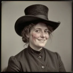 mid 1 9 th century, [ [ mischievous!! ] ], thirtysomethins years old, austro - hungarian woman ( with termed kyphosis, - smirking cate blanchett - with wart, messy, brown hair, ( ( large black hat ) ), bun ), daguerreotype by emil rabending
