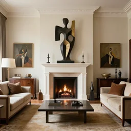 a living room filled with furniture and a fire place, an abstract sculpture by maginel wright enright barney, featured on pinterest, modernism, art deco, vray tracing, symmetrical