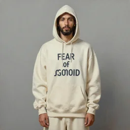 a full body portrait of modern day jesus wearing cream fear of god menswear collection by nicola samori, hat and hoodie, detailed, oil painting, hyper realistic, 8 k, yeezy collection