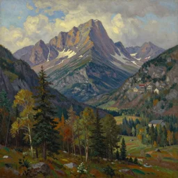 mountains, trees, beautiful nature, very detailed, focused, oil painting, colorful, canvas, artstation, Sydney Mortimer Laurence, Albert Bierstadt, Theodor Kittelsen, Hans Dahl, Konstantin Yakovlevich Kryzhitsky, Hermann Hendrich