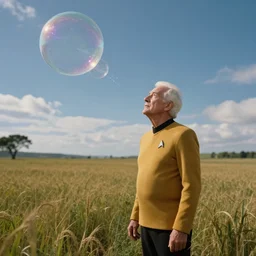 an old man in a field looking at multiverse bubbles in the sky, scene from a star trek movie