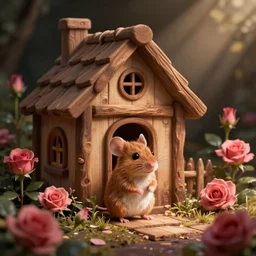 a small cute wood mouse stands in front of a little wooden house, surrounded by roses, by disney concept artists