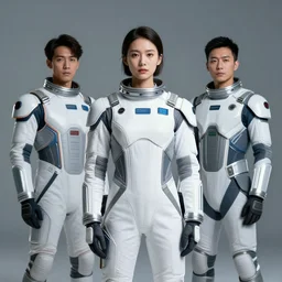 medium shot, studio photographic portrait of models wearing futuristic space uniforms
