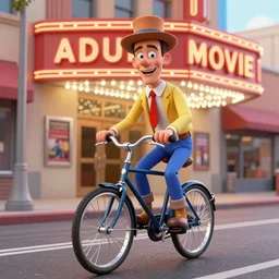 Pee-Wee Herman on his bike outside an Adult Movie theater, digital art, hyper realistic, 8k