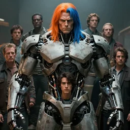 movie still of hyper real, machined goliath orange - blue parted hair by jack kirby, jack gaughan, virgil finlay, alberto bontempi, shigeru komatsuzaki, wayne d barlowe, alex ross, enric torres, simon bisley & boris vallejo, alex ross, enric torres, hyper realism, cinematical, narrative light, muted colors