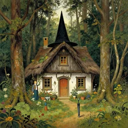witch cottage in the forest, art by norman rockwell and donato giancola and greg rutkowski