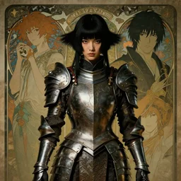 portrait girl with armor in style of ghost blade by by hsiao ron cheng, tetsuya ichida, bizarre compositions, tsutomu nihei, exquisite detail, extremely moody lighting, 8 k, art nouveau, old chines painting, art nouveau