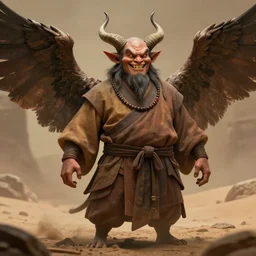 a portrait of a friendly good spirited daemon monk warrior with small horns and large wings, toothy grin, in the style of bayard wu, trending on artstation, desert background, shadowy, chaotic undertones, high detail 8 k, unreal engine 4