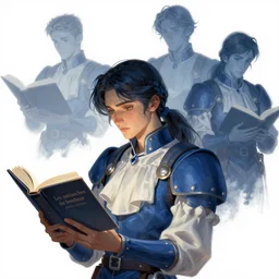 concept art of fitzchivalry reading the book les antiseches du bonheur of jonathan lehmann, nighteyes is looking warmly over his shoulders, by aenaluck, artgerm and roberto ferri and greg rutkowski, blue and white tones, digital painting, artstation, concept art, smooth, sharp foccus ilustration hq