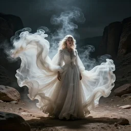 1 9 7 0's artistic spaghetti western movie, a woman in a giant billowy wide flowing waving dress made out of white smoke, standing inside a dark western rocky scenic landscape, volumetric lighting