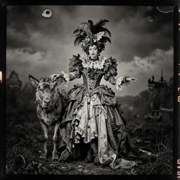 damaged kodak portra 4 0 0, wetplate, photo of a surreal artsy dream scene,, very beautiful model, weird fashion, grotesque, extravagant dress, strange pose, carneval, with an animal, wtf, photographed by paolo roversi style
