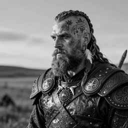 a cinematic view of wide bw photo from a very ornated old shavo odadjian viking, half shaved haircut, braided beard, showing nordic tattoos in the head, stained skin, feather earing, using leather armour with necklace of teeth, marvelous expression, photorealistic, volummetric light, detailed, texturized, zeiss lens high professional mode
