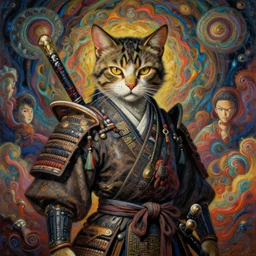a cat human hybrid creature samurai warrior, intense intricate detail, beautiful and gorgeous design, cinematic composition, painting masterpiece by rembrandt, michelangelo, junji ito, yoji shinkawa, takehiko inoue, psychedelic imagery background, fractal clouds