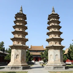 twin chinese buddhist pagodas made of stone in a beautiful chinese landscape by michael whelan,